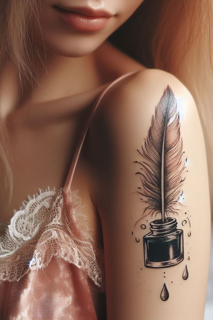 Feathered Whispers: 🌙📜 These ethereal tattoos capture the essence of fairy tales. Delicate quill feathers transform into fairy wings, carrying dreams and stories across realms. Ink bottles become portals to enchanted lands. Wear your own enchantment!