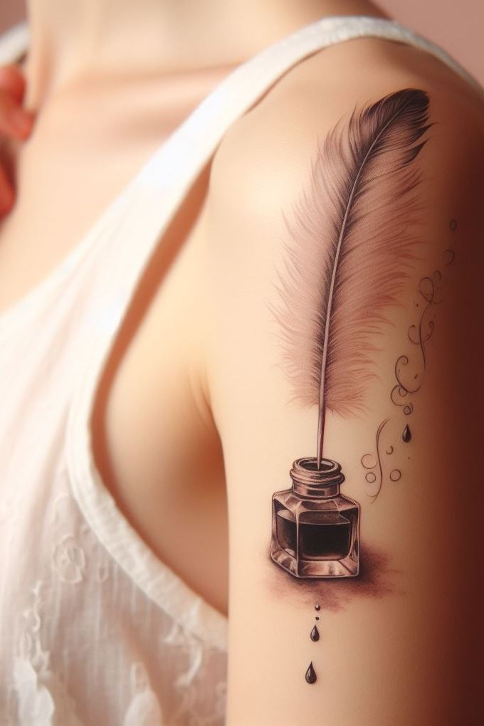 Fairy tales penned in moonlight: A quill tattoo with constellations as ink drops.