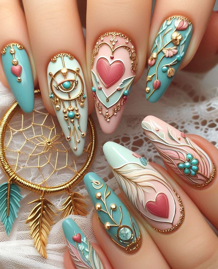 Black, gray, and silver combine for a sophisticated look. These dreamcatcher nails exude class.