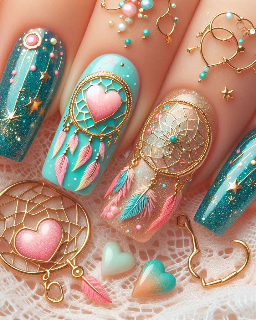 Playful stickers in bright shades complement these blue and pink dreamcatcher nails. Perfect for a fun day out!