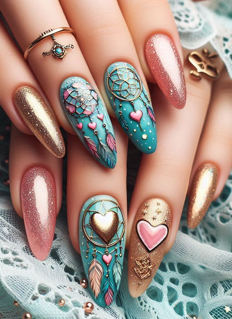 Minimalist and esoteric: gold flakes meet dreamcatchers. These nails are all about understated elegance.