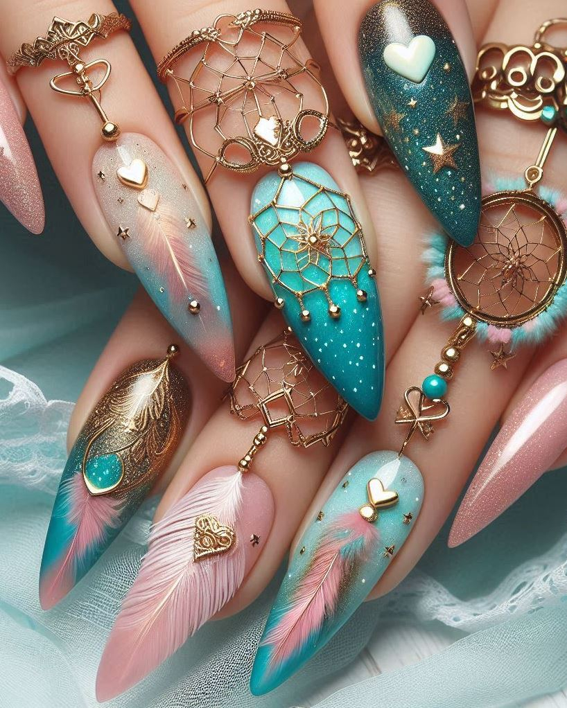 Fairy vibes alert! These bewitching dreamcatcher nails with vibrant colors are straight out of a magical forest.