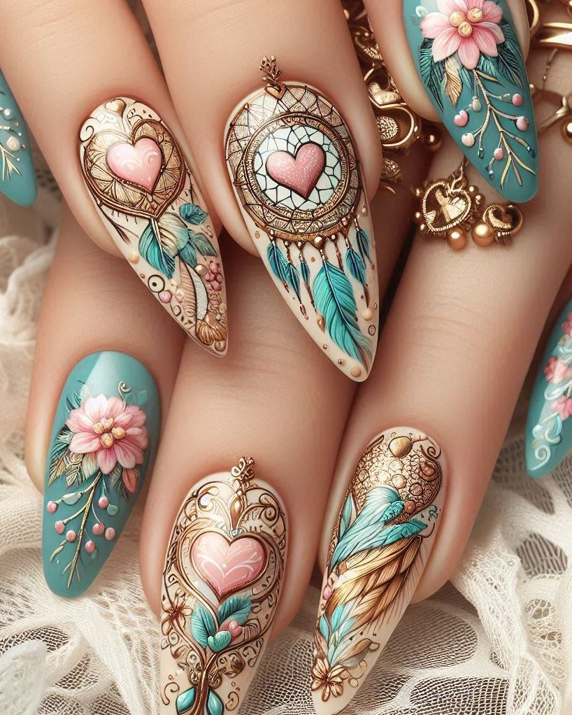 Purple glitters take dreamcatcher nails to the next level. Elegant and enchanting!