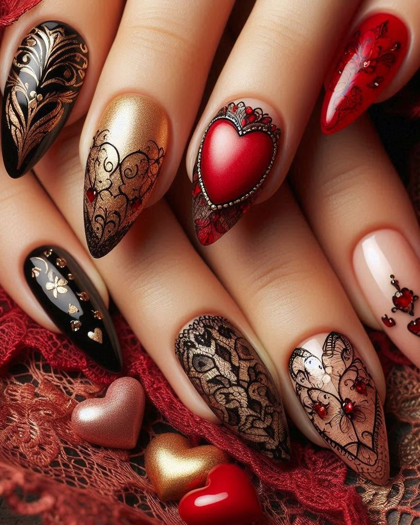 Channel your inner vamp with these black and gold nails adorned with crimson hearts. Perfect for a seductive date night!