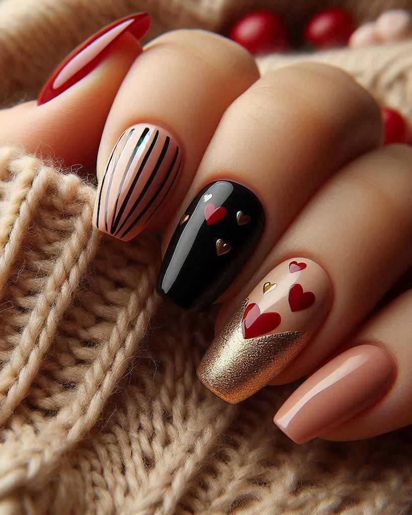 Embrace your inner panda with black and red Valentine’s Day nails.