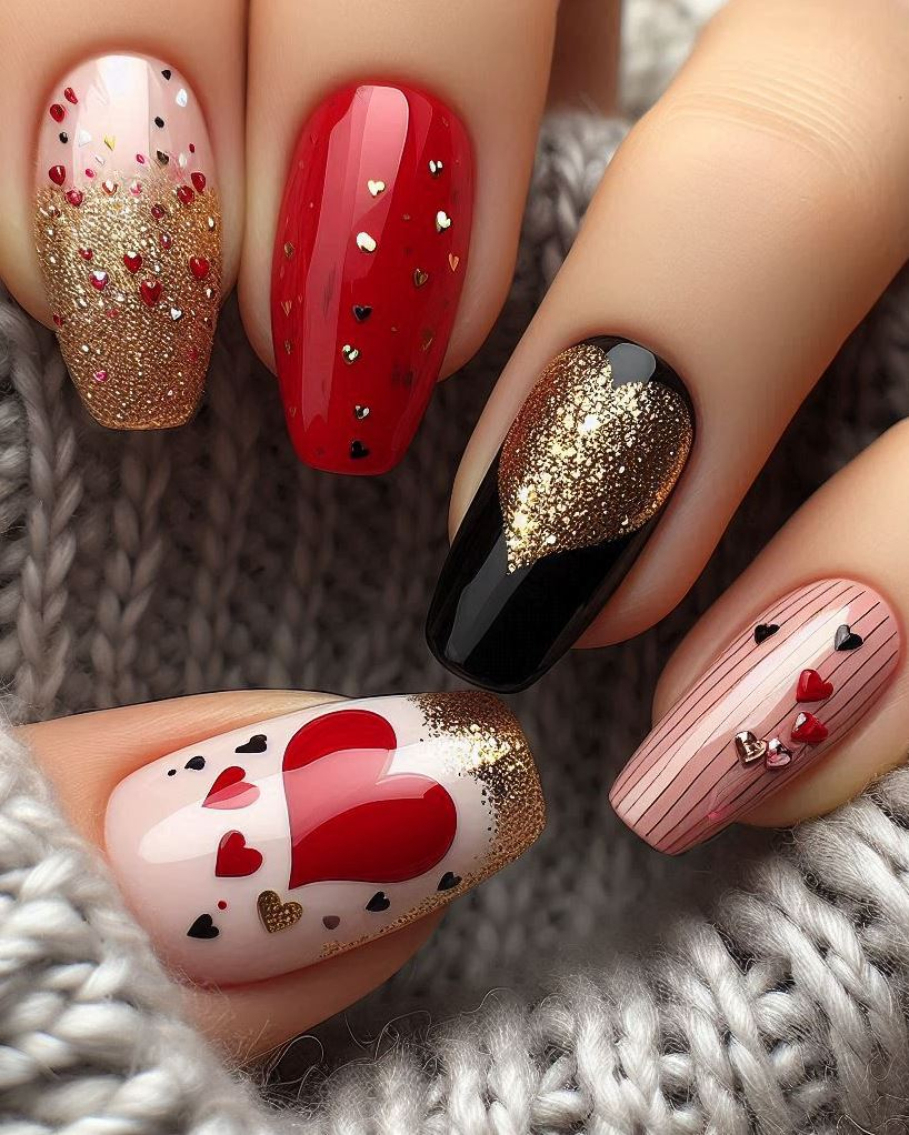 Celebrate love with black nails, red glitter, and half-heart accents.