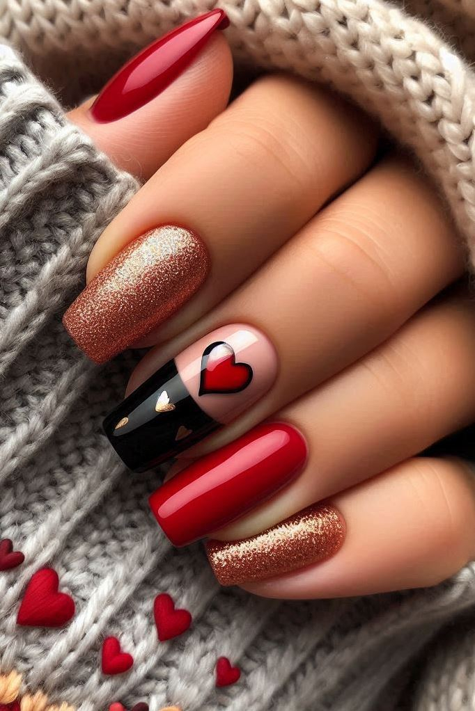 Cute coffin nails in black, red, pink, and white—a playful twist on classic Valentine’s colors.