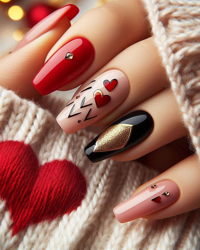 Hearts, hearts everywhere! Glossy black nails with red heart accents.