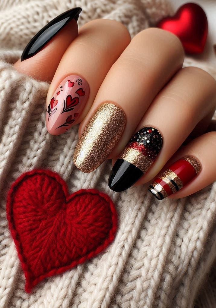Matte black and red rose nails, sprinkled with rhinestones. Pure romance!