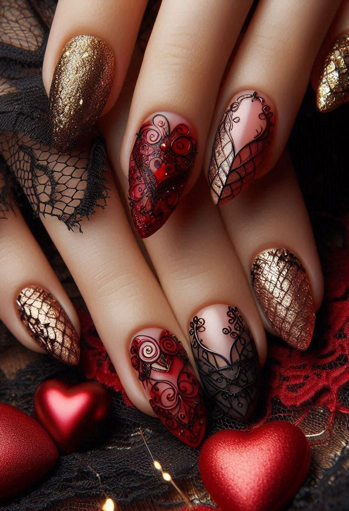 Go bold with black nails, red aura ombre, and gold foil.