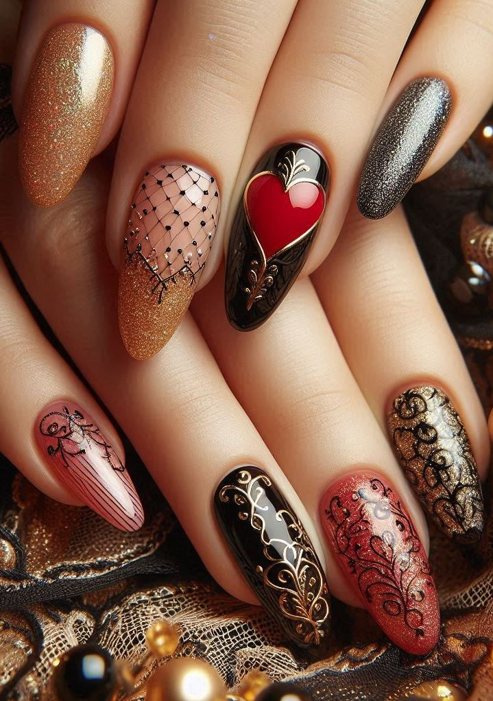 Black nails with tortoiseshell accents and gold foil roses. Unconventional and chic.