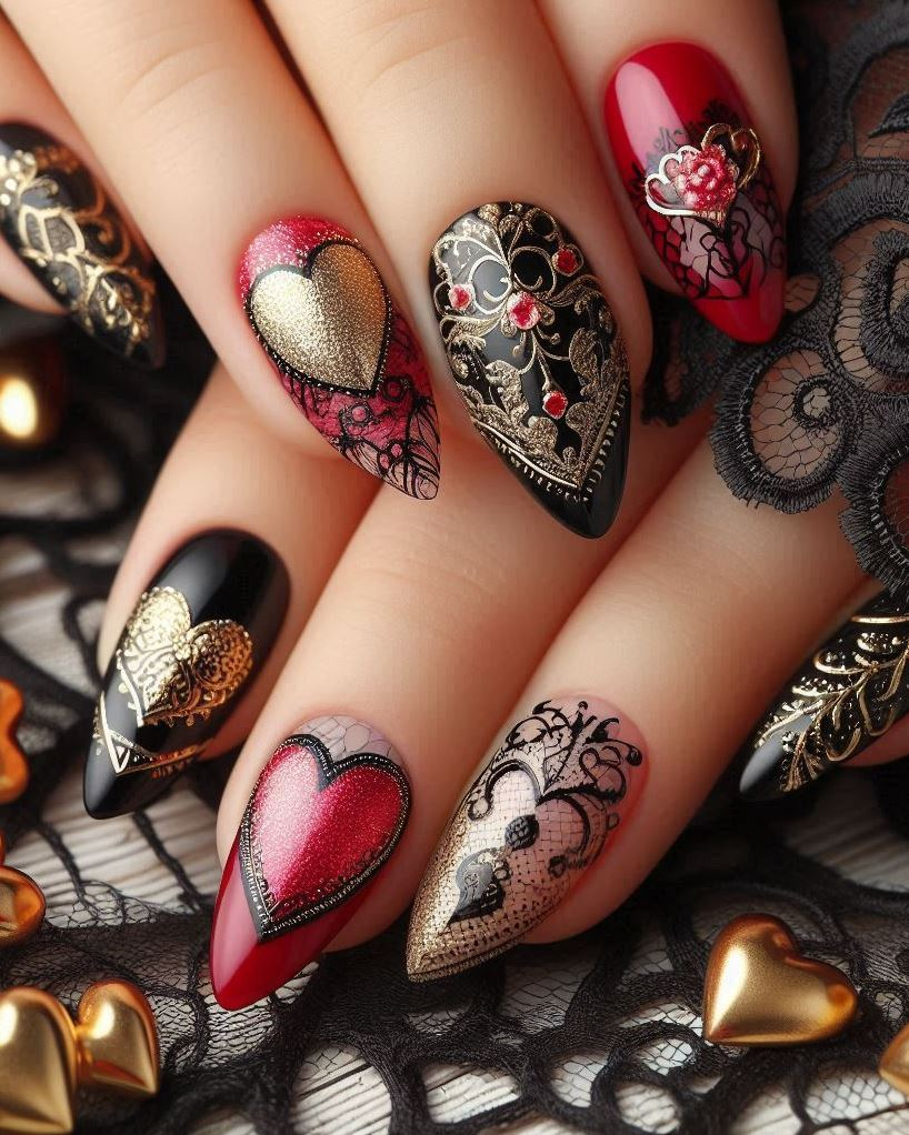 Stunning stiletto nails featuring black hearts and dazzling red glitter.
