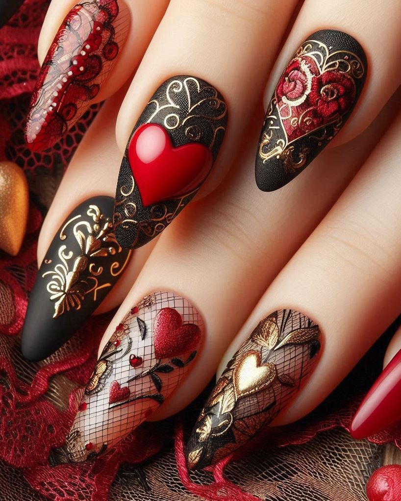 Gothic vibes: black nails with silver and gold details, crowned by crimson hearts.