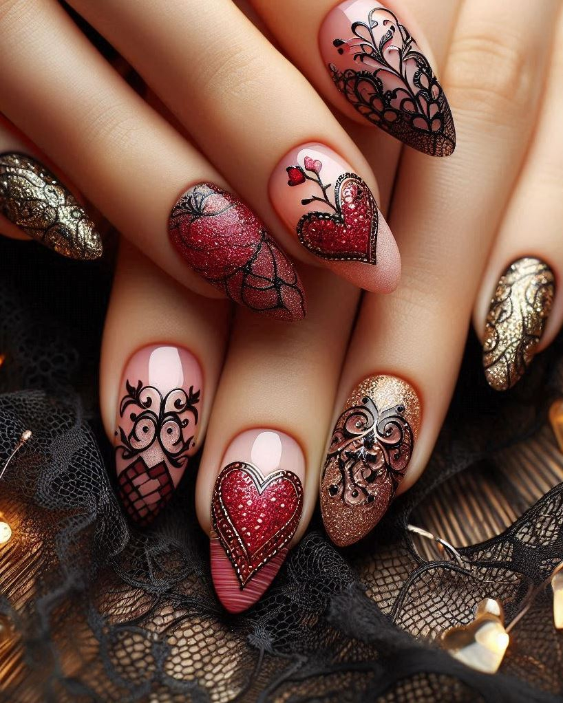 Love is in the details: matte black nails with tiny red hearts.