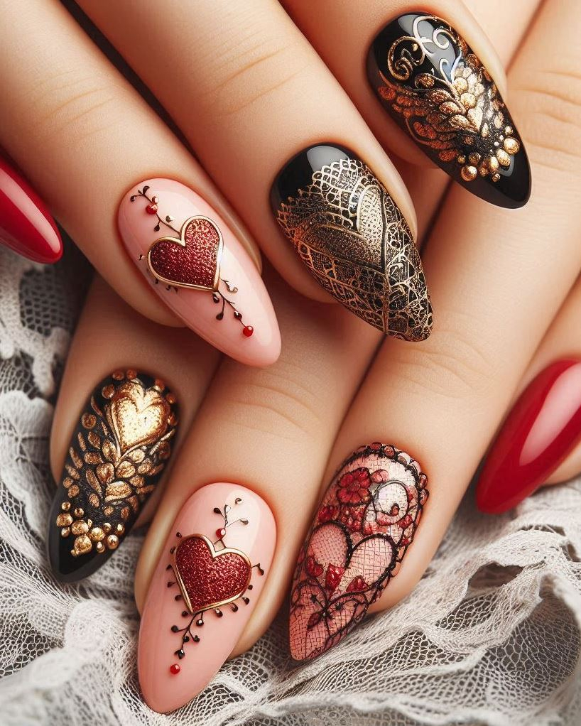 Gothic elegance: matte black nails with tiny red hearts and delicate gold foil details.”