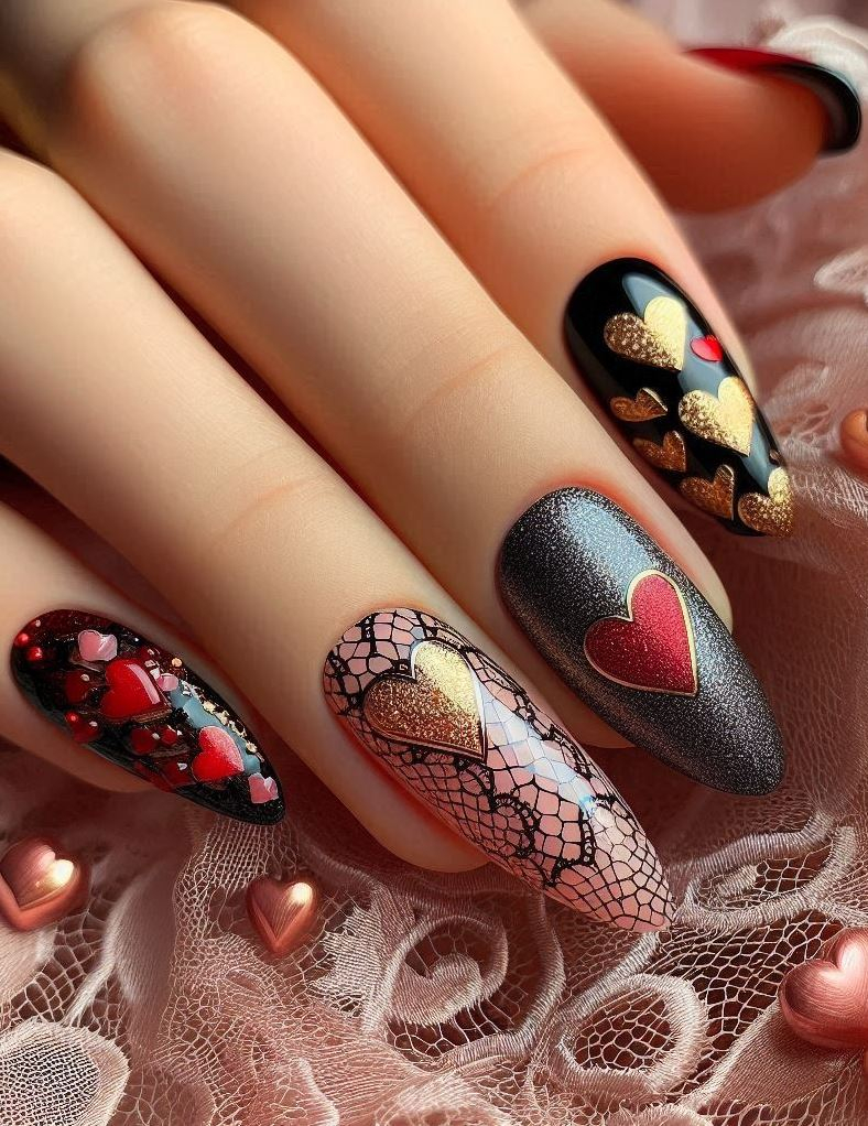 Stiletto nails in fiery red ombre, fading into glossy black tips. A bold statement for Valentine’s Day!