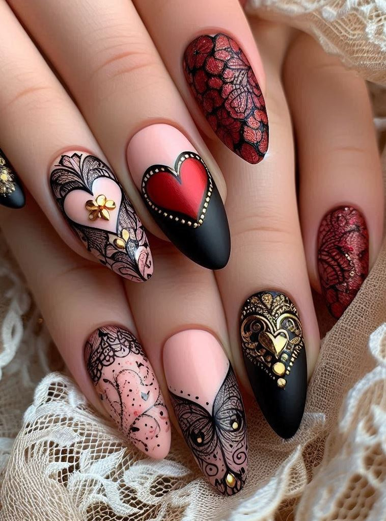 Short and sweet: black almond nails with red heart accents. Simple yet striking.