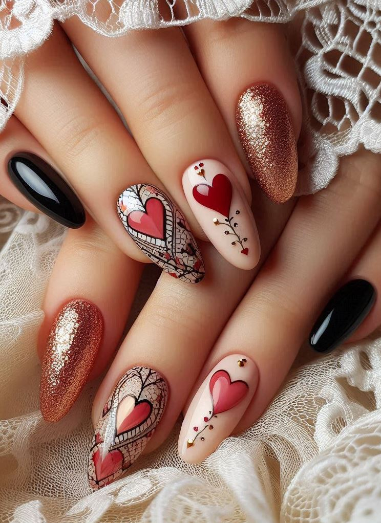 Black matte nails with gold flakes and crimson hearts—because love is precious.