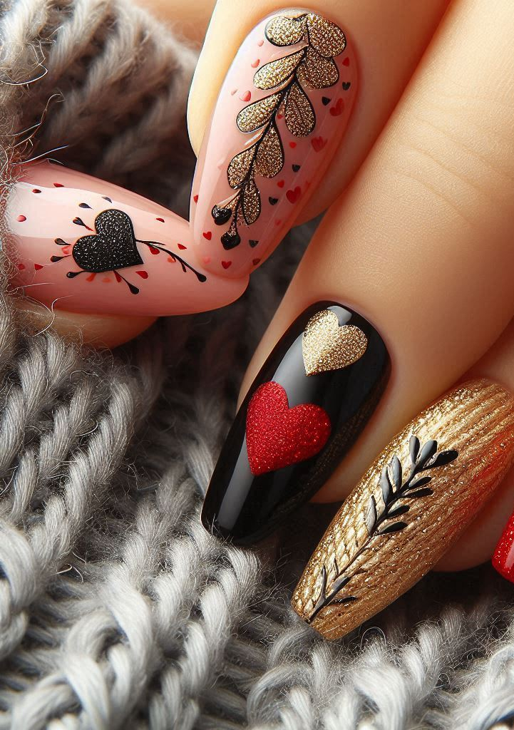 French tip elegance: black nails with red hearts and silver chrome accents.