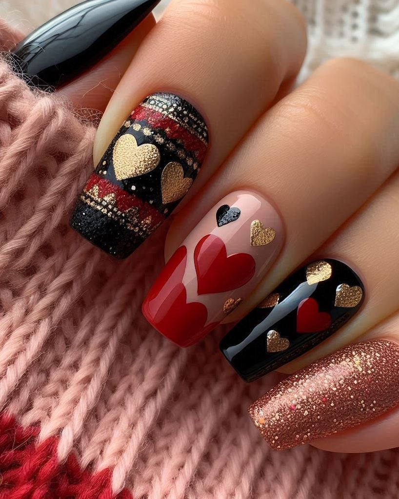 Be the queen of hearts with short black nails featuring intricate red details.