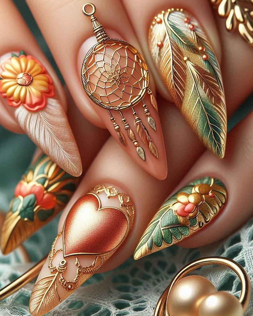 Golden hour: gold foil feathers on a gradient green and cream base.