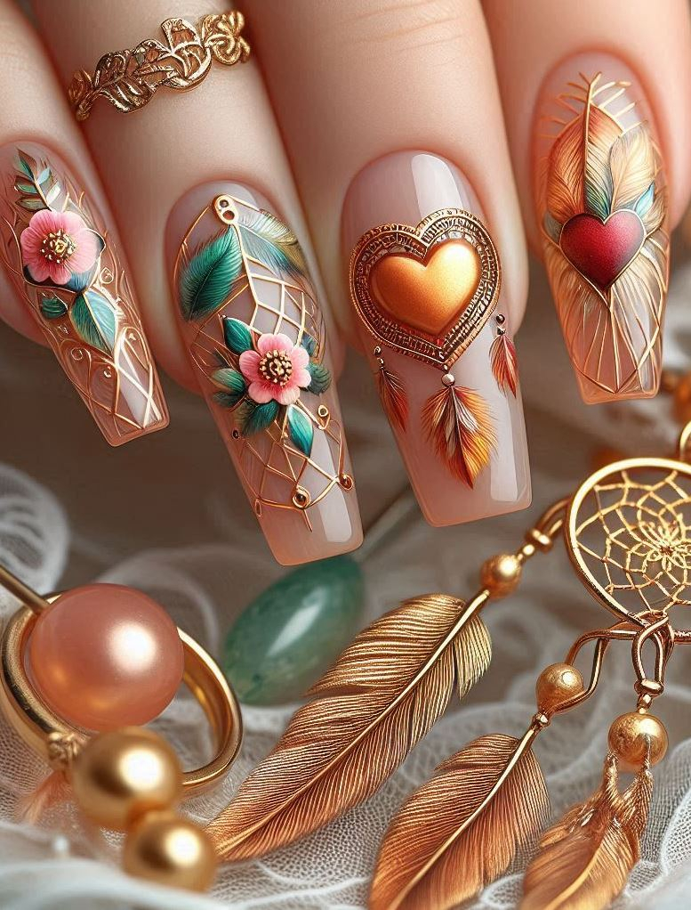 Feathered elegance: intricate green and cream designs on a gold base.