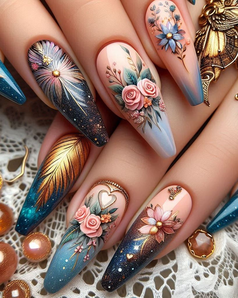 Midnight elegance: deep night blue nails adorned with delicate cream-colored feathers. Perfect for a moonlit soirée.