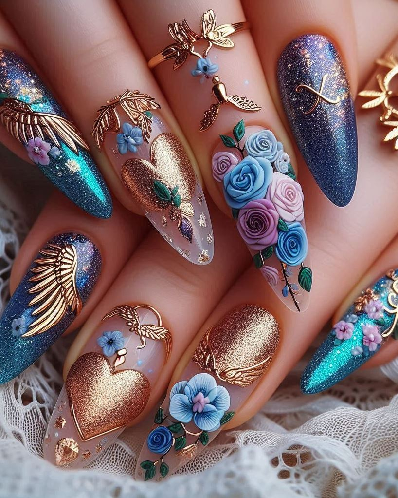 Golden dreams: metallic gold nails with handpainted green feather details. A regal combination!