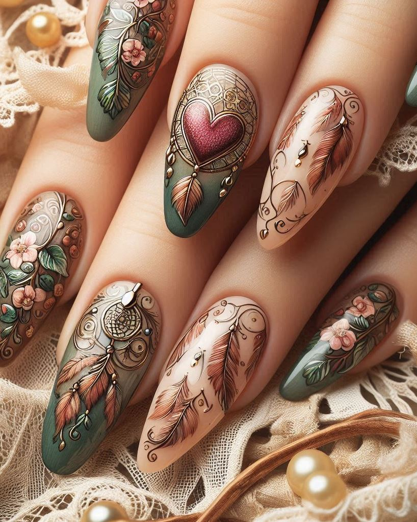 Feathers meet ombre: gradient green and gold nails with feather stamp accents.