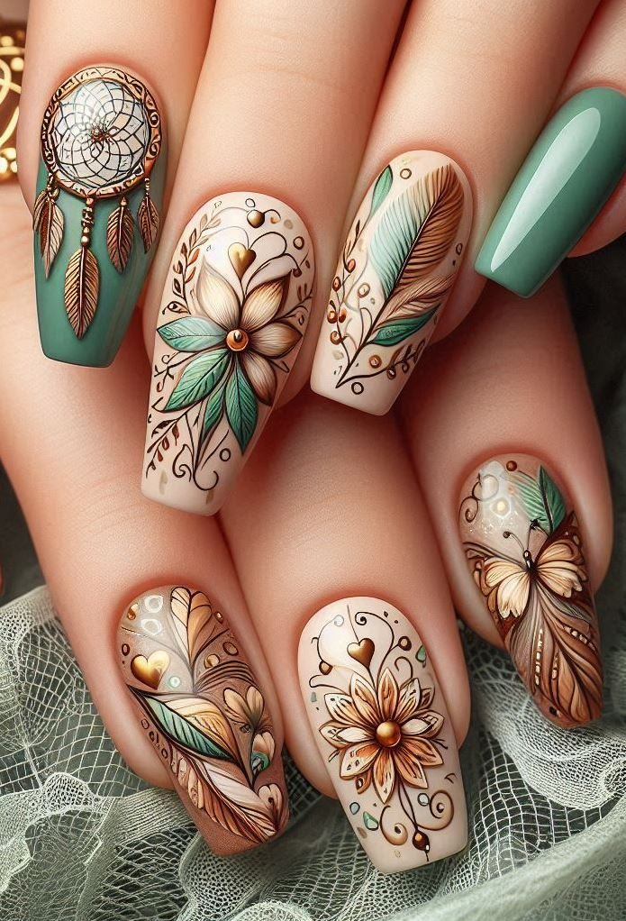 Emerald elegance: dark green nails with gold foil feather accents.