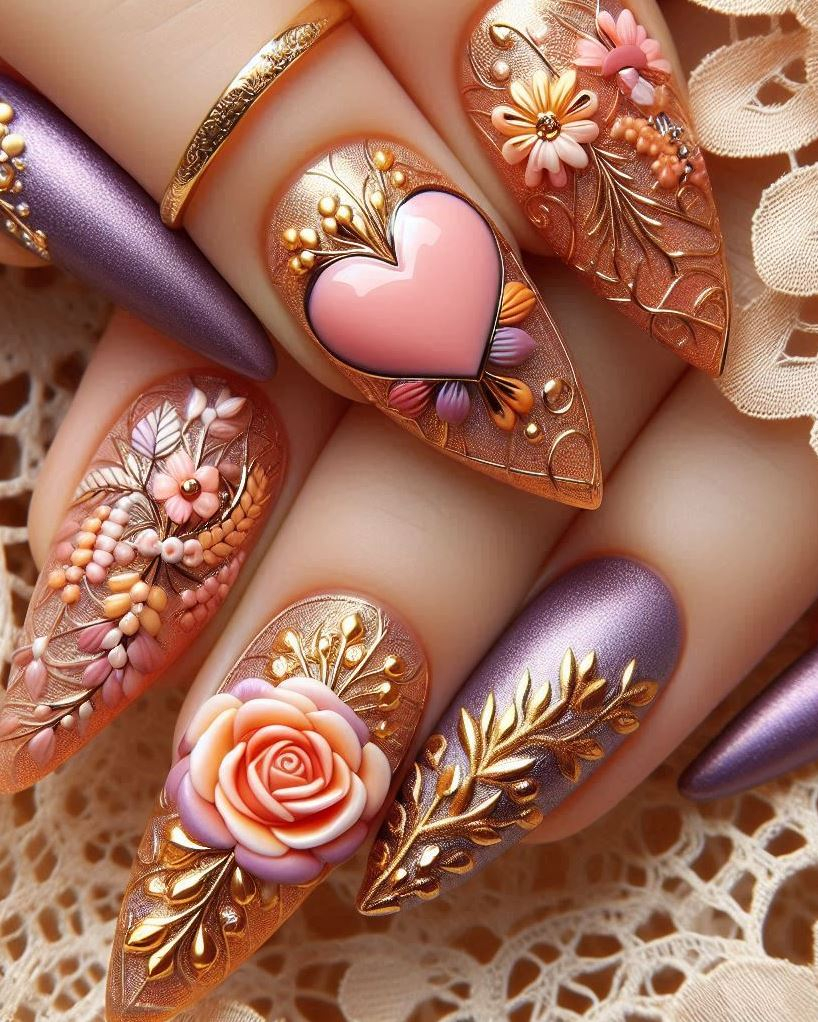 🌺 Coral Kiss: Coral nails adorned with heart-shaped petals. Perfect for a beachside date!