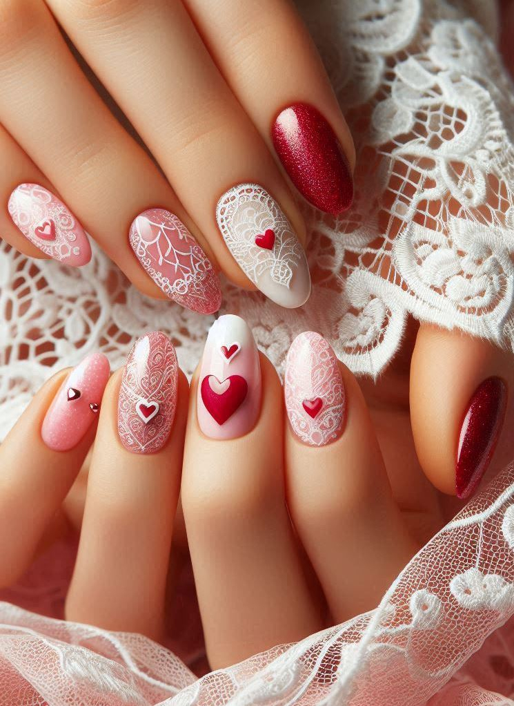 Lace Elegance: These delicate pink nails adorned with intricate white lace patterns are the epitome of romance.