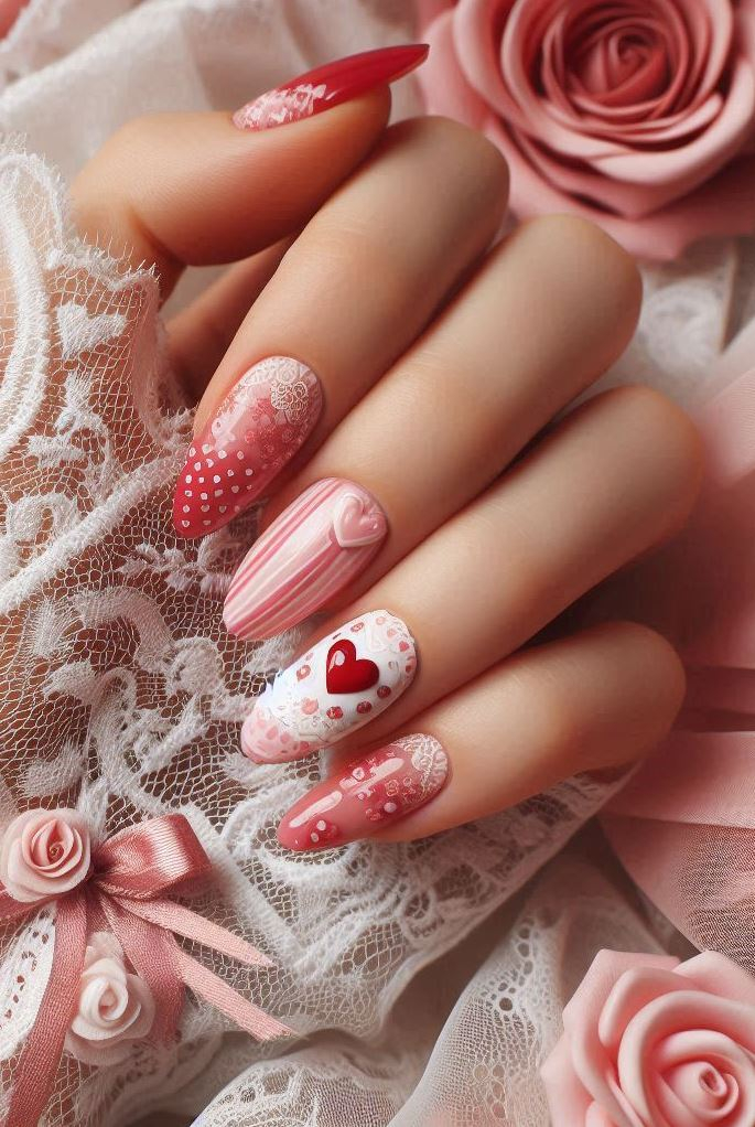 Lace Heartbeat: Lace patterns intertwined with tiny hearts—a love story on your nails.