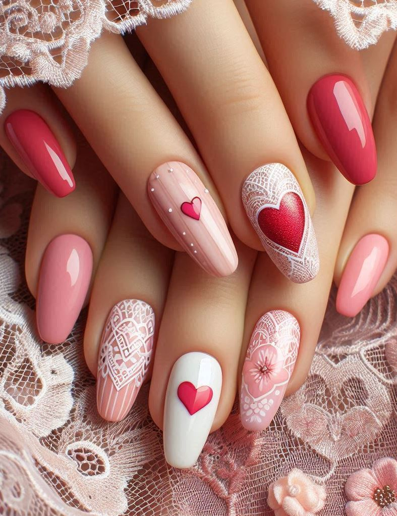 Blushing Lace: Soft pink hues meet delicate lace details. Your nails will be a work of art.