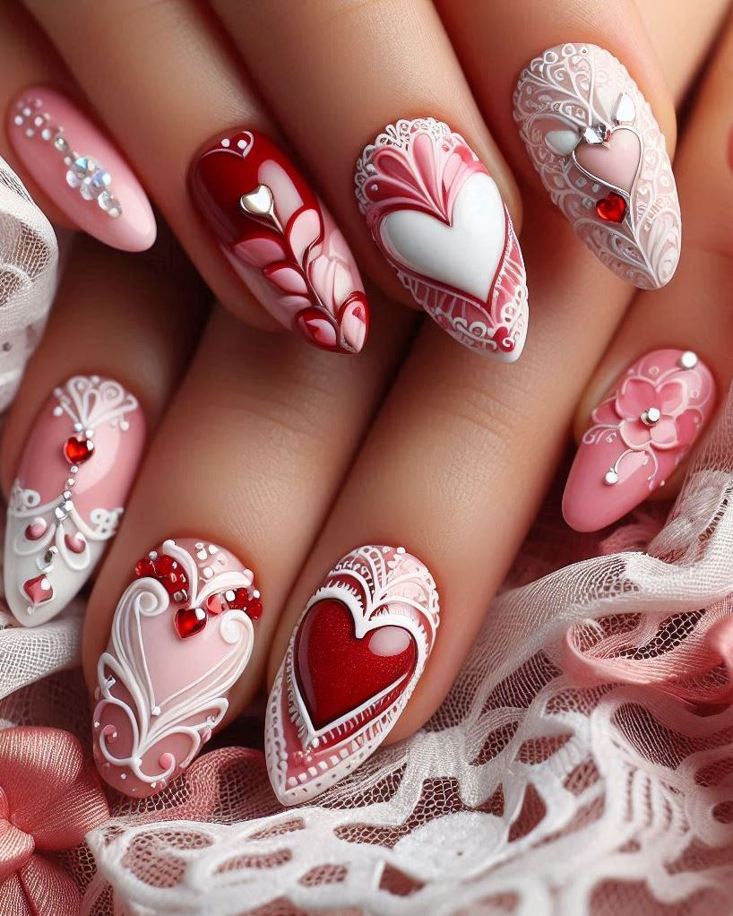 💕 Lace Romance: A touch of lace adds sophistication to your pink manicure.