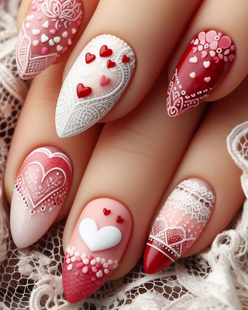 Whimsical Lace: Playful patterns dance across these sweet pink nails.