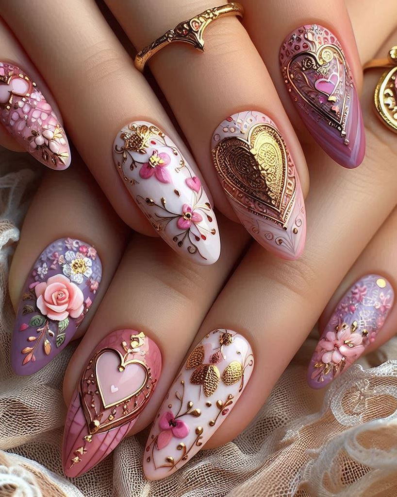 Floral Whispers: Delicate flowers bloom on your fingertips, blending pink and purple petals. A romantic garden for your nails.