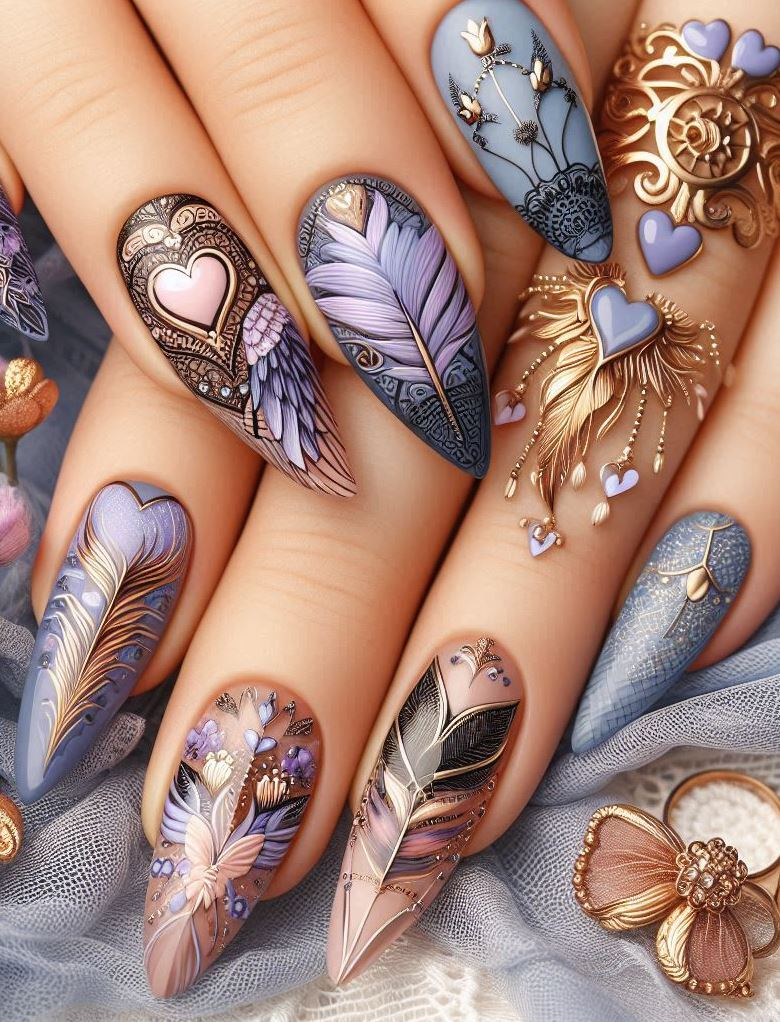 Velvet Nightfall: Matte royal blue stiletto nails meet violet moon crescents. Mysterious allure.