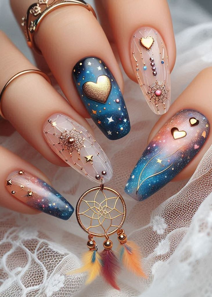 Galactic glam: These nails are a celestial masterpiece, blending midnight blues, shimmering stardust, and hints of interstellar magic. Perfect for date nights under the cosmic canopy.
