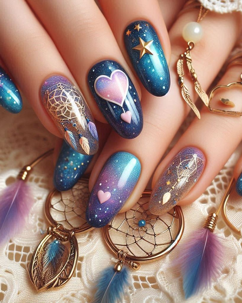 Minimalist galaxy chic: Subtle hues, delicate swirls, and a touch of cosmic dust. These nails are like gazing at the Milky Way through a crystal-clear telescope. Simply stellar!