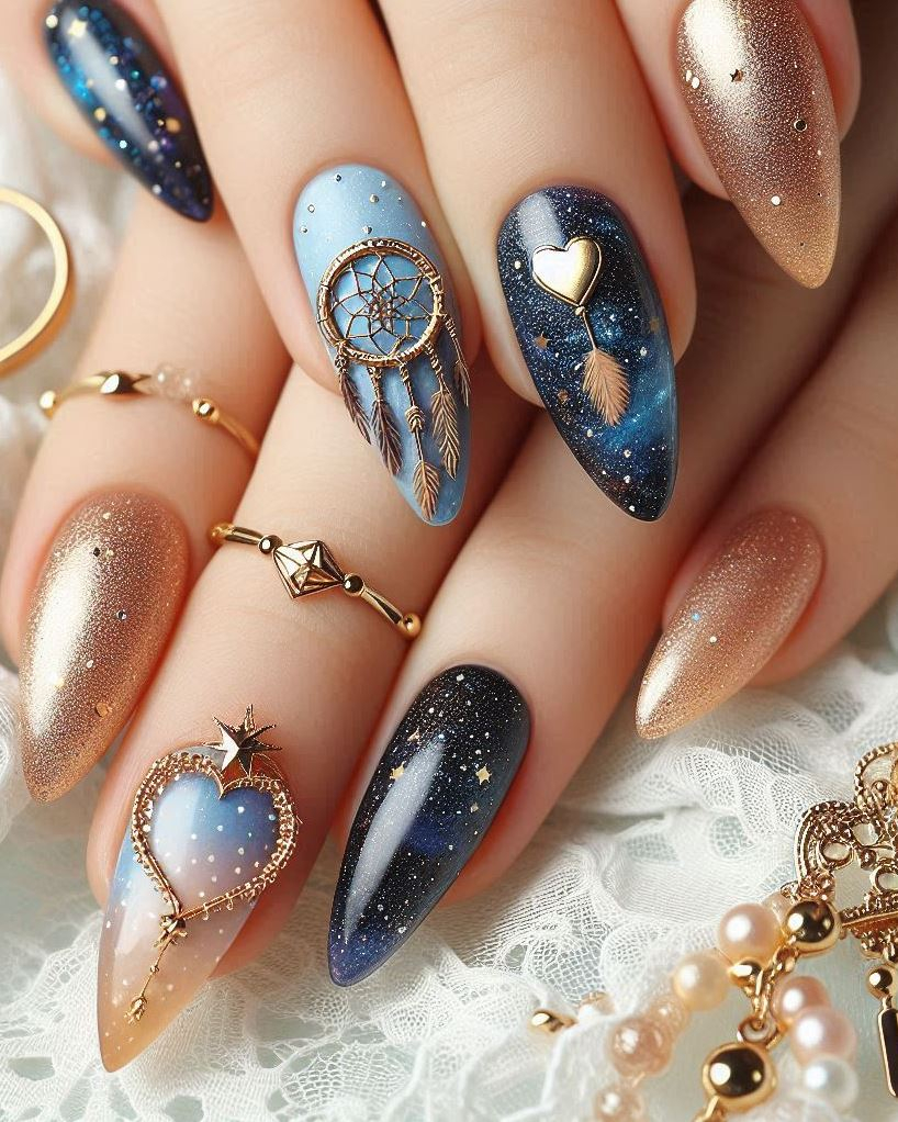 Black galaxy allure: Dark elegance meets intergalactic intrigue. Picture a moonless night sky adorned with glittering stars. These nails are the epitome of cosmic sophistication.