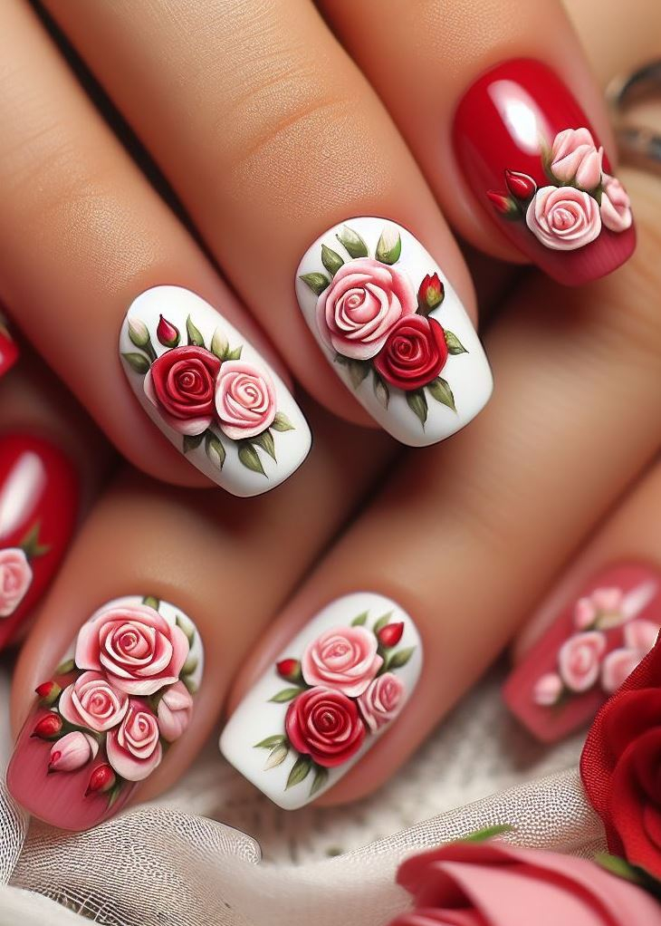 Skip the Boring! Stunning Rose Nail Art Ideas | Pocoko Looking for a nail art idea that's both sweet and striking? Try white peach and red roses for a look that's as beautiful as it is unique.