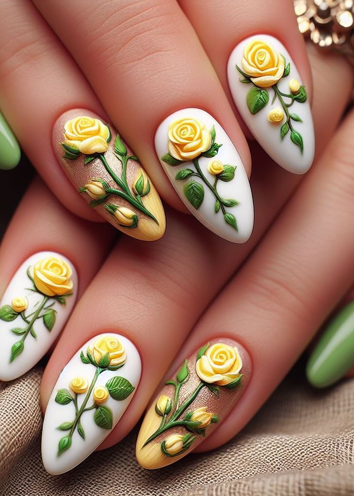Skip the Boring! Stunning Rose Nail Art Ideas | Pocoko Sunshine and roses? Yes, please! This cheerful design features bright yellow nails with a single, delicate white rose on each finger. It's like a ray of sunshine blooming on your fingertips.