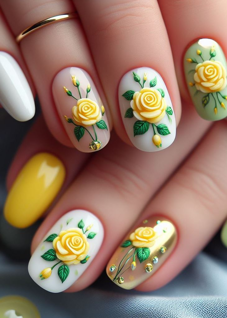Skip the Boring! Stunning Rose Nail Art Ideas | Pocoko Feeling classic with a twist? This French mani gets a makeover with a white base and sunny yellow tips. Add a single, elegant white rose on the accent nail for a timeless yet playful touch.