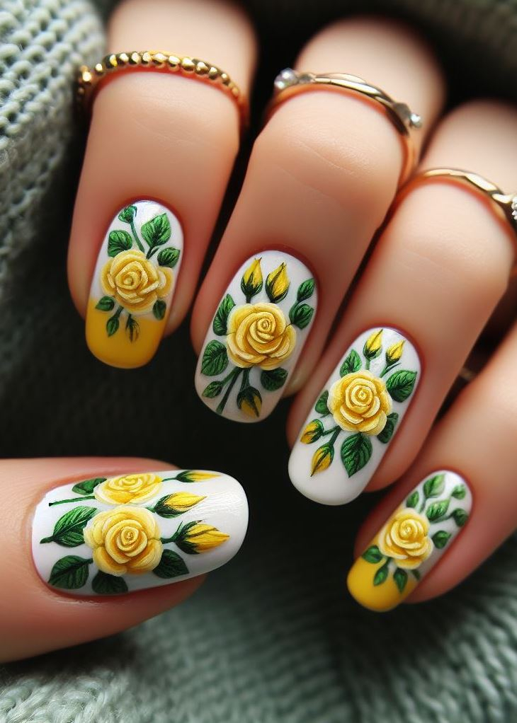 Skip the Boring! Stunning Rose Nail Art Ideas | Pocoko Embrace the minimalist trend with this chic design. Alternate between crisp white and sunshine yellow nails, adding a single, tiny white rosebud on just one or two nails for a touch of delicate detail.