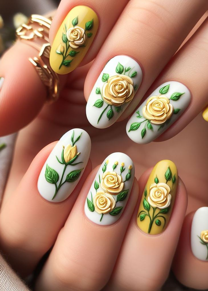 Skip the Boring! Stunning Rose Nail Art Ideas | Pocoko Calling all honeybees! This fun design features a honeycomb pattern in sunny yellow on a white base. Add a single, vibrant yellow rose for a touch of floral whimsy that's perfect for summer.