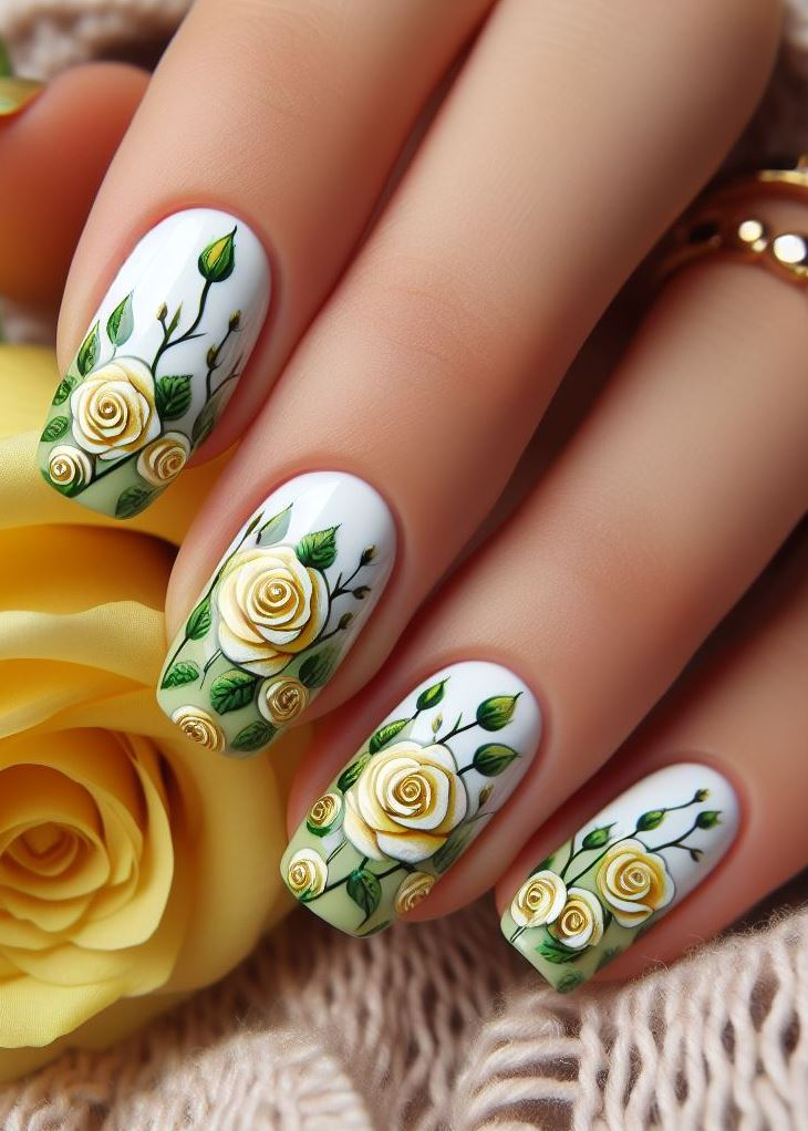 Skip the Boring! Stunning Rose Nail Art Ideas | Pocoko Feeling artsy? This design features a watercolor wash of white and yellow that blends seamlessly. Add a single, bold yellow rose with a white center for a touch of abstract flair.