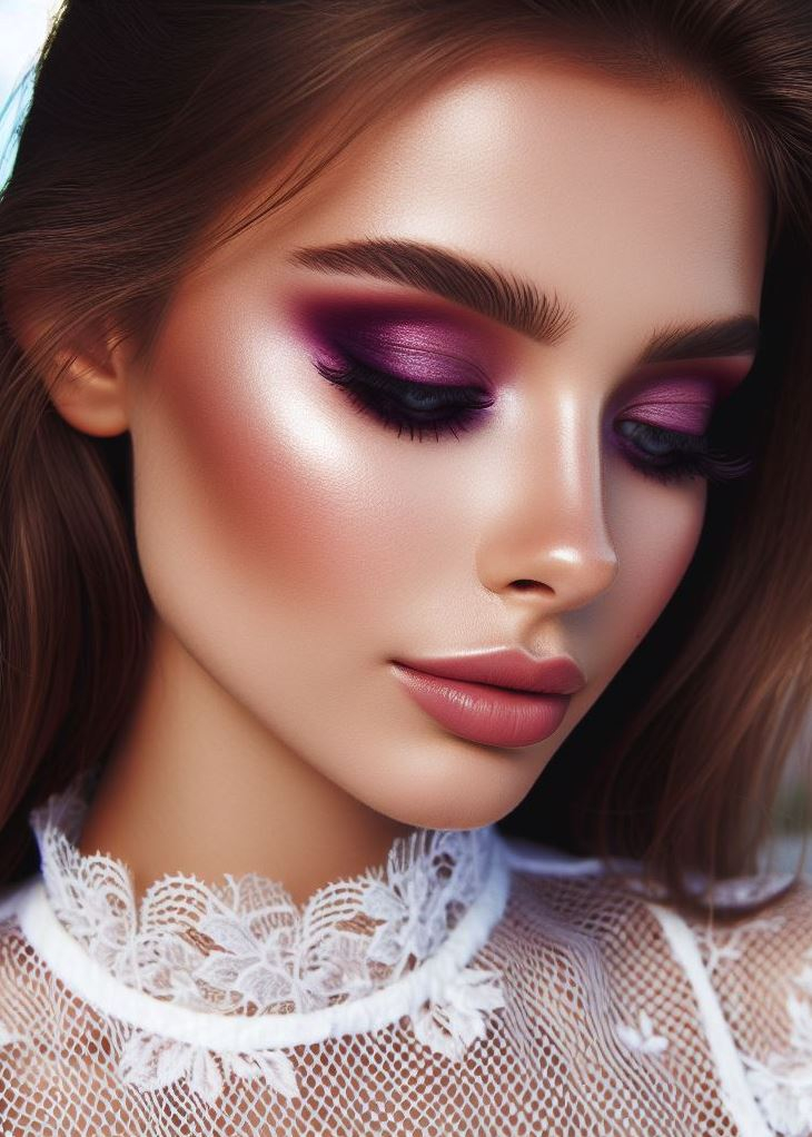 Cut Crease Couture: Define your crease with a deep brown eyeshadow and blend a light, shimmery purple shade onto the lid. This cut-crease technique adds dimension and drama to your eye makeup.