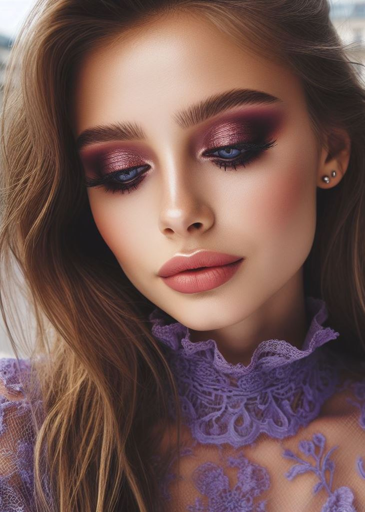 Sunset Shimmer: Capture the beauty of a sunset with a blend of warm brown eyeshadow in the crease and a shimmery, reddish-purple on the lid. This stunning look flatters all eye colors and adds a touch of warmth.