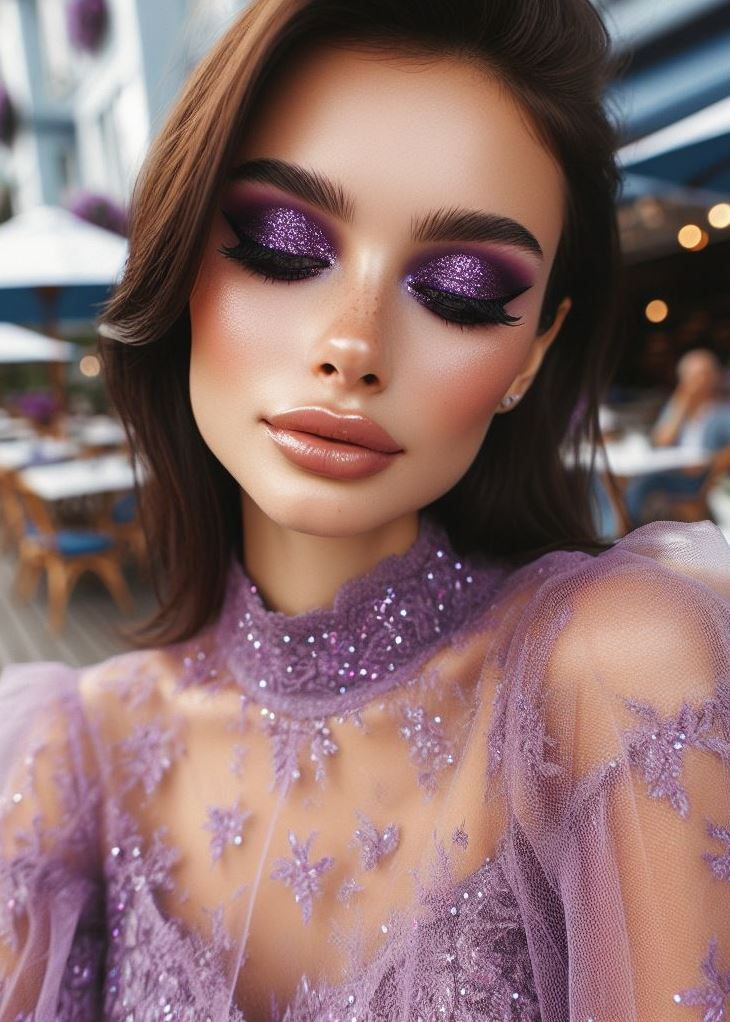 Cat-Eye Captivation: Channel your inner feline with a classic cat-eye eyeliner flick using a deep brown shade. Pair it with a shimmery purple eyeshadow for a glamorous and captivating look.